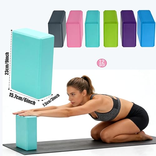 Foam Yoga Blocks Lightweight Non-Slip Supportive Yoga Bricks Yoga Props Accessories for Women Men, Stretching and Meditation (6 Colors) - color: 12PACK