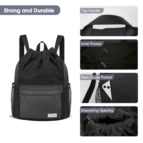 Waterproof Drawstring Backpack Sports Gym Sackpack with Mesh Pockets Water-Resistant String Cinch Beach Bag for Men Women - color: Solid - Black Gray