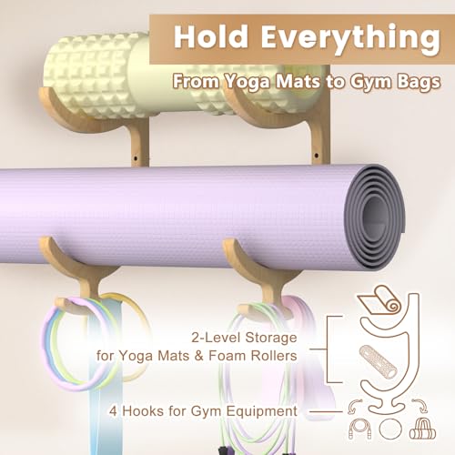 Wooden Yoga Mat Holder Wall Mount, Yoga Mat Storage Rack Organizer - color: Wood 2-tier