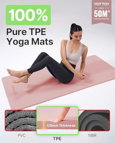 YOTTOY Yoga Mat,Extra Thick Yoga Mat (1/2inch),Professional TPE Exercise Mat,Non-Slip Workout Mat for Yoga, Pilates, Fitness, Barefoot Workouts, Home Gym Studio with Strap - color: Pink, size: 72*24*1/2inch