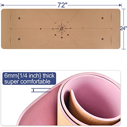 Numat 코르크 요가 매트 6mm 두께 182.9 x 61cm(72 x 24인치), 땀 방지 미끄럼 방지 친환경, 정렬 라인이 있는 경량 TPE 폼, 핫 요가, 필라테스, 체육관 및 운동에 적합, 블랙 휴대용 가방, 스트랩 포함 - color: 핑크 코르크