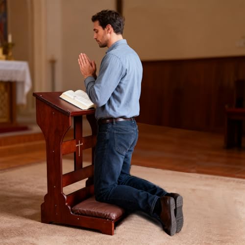 Wood Prayer Bench with Cushion – Kneeler for Home and Church, Padded Kneeling Stool with Slanted Shelf for Bible, 23" x 20" x 32.8"
