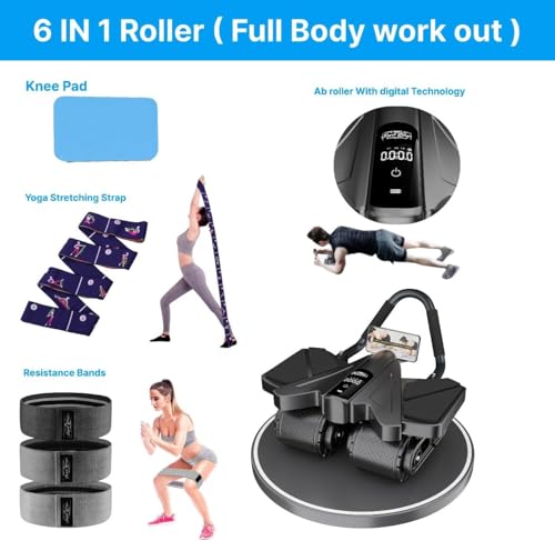 Ab Roller Home Gym Equipment – 4 Wheels Ab Wheel Muscle Roller with Automatic Rebound, Yoga Stretching Strap, 3 Resistance Bands – Comfortable Elbow Support with Non-Slip Handles – Built-in Workout Tracker - color: Newer Black + 3 Bands + 1 Strap