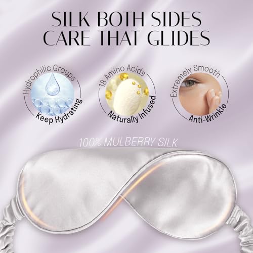 OLESILK Silk Sleep Eye Mask Blindfold with Double Layer Filling for Full Night's Sleep, Silk Wrapping Strap- Luxury Eye Cover Eyeshade for Women Men with Travel Bag and Ear Plugs, Silver - color: Silver