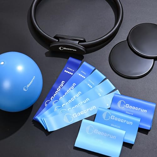 Goocrun 필라테스 링 세트 운동 장비, 운동 저항 밴드 세트, 필라테스 볼, 슬라이딩 디스크 포함 휴대용 홈 짐 - 피트니스 가이드 포스터 포함 - color: 블랙., size: Basic-level