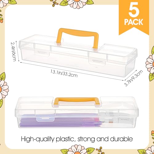 5 Pack Paint Brush Storage Box Portable 13 Inch Long Art Supply Case with Handle Clear Plastic Organizer for Drawing Tools Pencils and Craft Supplies