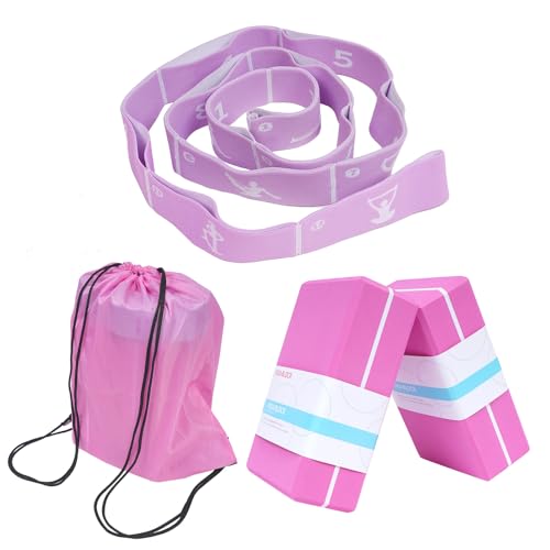 Yoga Blocks 2 Pack with Elastic Stretch Band & Bag – High Density Foam Yoga Blocks for Stability, Deep Stretching & Balance, 12-Loop Resistance Strap for Yoga, Pilates, Dance & Flexibility Training - color: Pink+Purple