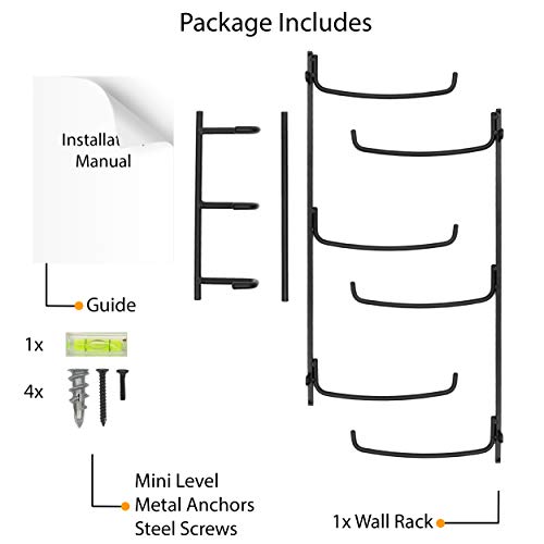 Wallniture Guru Yoga Mat Holder Wall Mount with 3 Hooks for Hanging Yoga Strap, Resistance Bands, 5-Sectional Metal - color: Black, size: 19'' H | 3 Sectional
