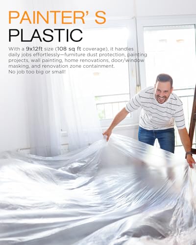 Plastic Drop Cloths for Painting, 9x12 Ft Plastic Sheeting, 0.4Mil, 16-Pack | Clear Painter's Plastic Filim, Dust-proof Waterproof Painting Supplies for Furniture, Floor, Couch Protector - size: 16 PCS 9x12 Ft