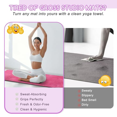 Yoga Mat Towel, Extra Thick (600GSM) Soft Hot Yoga Towel, Non-Slip and Sweat Absorbent for Hot Yoga, Bikram, Pilates, and Fitness, 72" x 27.5", Dual-Color, Grey/Pink - color: Dark Pink, size: 72"x27.5"