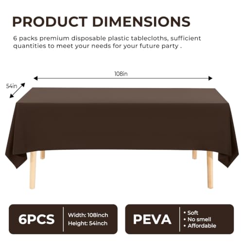 6 Pack Premium Disposable Plastic Tablecloth 54" x 108" Party Table Cloths Disposable for 6 to 8 Foot Tables Indoor or Outdoor Birthdays Weddings Christmas Anniversary Buffet Table (Brown) - color: Brown