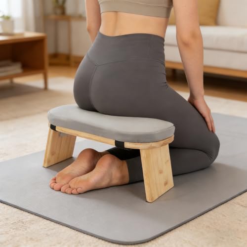 Meditation Bench with Cushion, Foldable Yoga Meditation Stool, Portable Kneeling Stool Prayer Bench, Yoga Bench Squat Seat, Gray