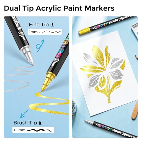Betem 2 Gold & Silver Paint Markers for Glass, Dual Tip Acrylic Paint Pens | Window, Fabric, Wood, Rock, Canvas, Acrylic Markers with Fine & Brush Tip, Art & Craft Supplies, Wine Glass Markers