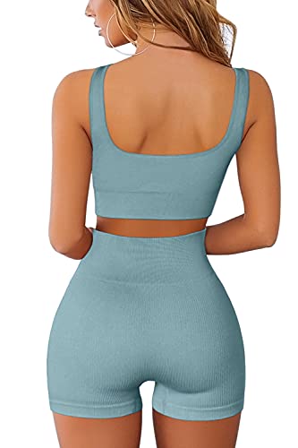 QINSEN Workout Sets for Women 2 Piece Seamless Ribbed Crop Tank High Waist Shorts Yoga Outfits - color: Blue, size: Medium