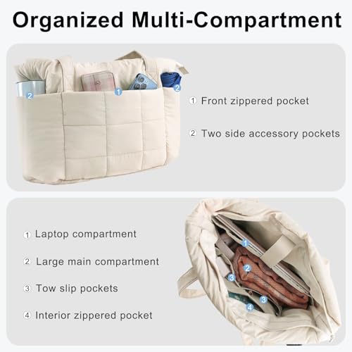 U+U Puffer Tote Bag for Women, Quilted Work Tote with Compartments | Work-to-Travel Design with Yoga Mat Strap - color: Cream