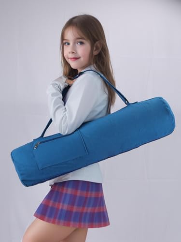 Cotton yoga mat bag with Pockets and Adjustable Strap - Full Zip Cargo Yoga Mat Carrier Bag - Bag for 1/4" 1/3" Thick Yoga Mat - color: Blue, size: L