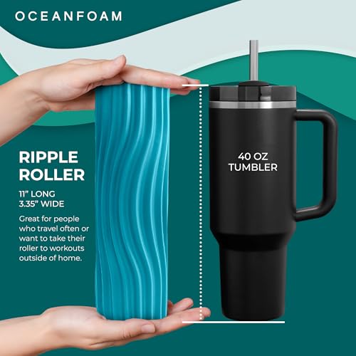 Oceanfoam Ripple Travel Foam Roller (11" x 3.35") Firm Mini Foam Roller for Physical Therapy, Deep Tissue Massage, Back Pain, High Density, Ergonomic Wave Textured, Yoga, Pilate, Exercise (Miami Blue) - color: Miami Blue
