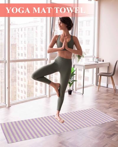 Purple Striped Yoga Towel for Hot Yoga Non Slip, Modern Simple Farmhouse Beige Vintage Yoga Mat Towel Absorbent Yoga Sweat Towels Microfiber Hot Yoga Blanket for Bikram Pilates Fitness 26"x74" - color: Plum Beige, size: 26x74in