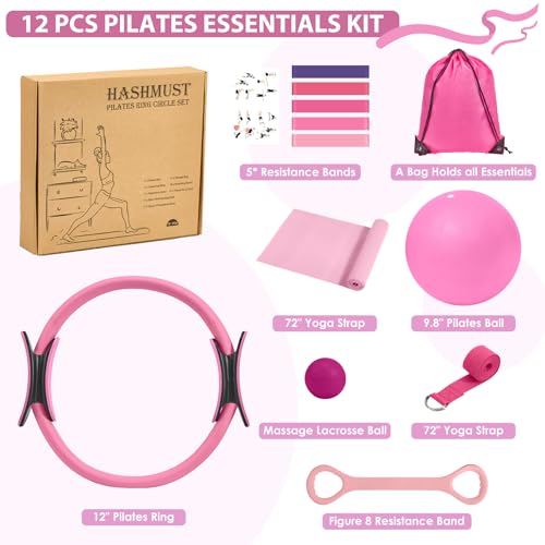 HASHMUST Pilates Ring Kit 12 PCS for Women, Home Workout Equipment with Magic Circle, Mini Exercise Ball, Resistance Bands, Massage Lacrosse, Yoga Strap, Full-Body Fitness Set for Toning & Gift - color: Pink