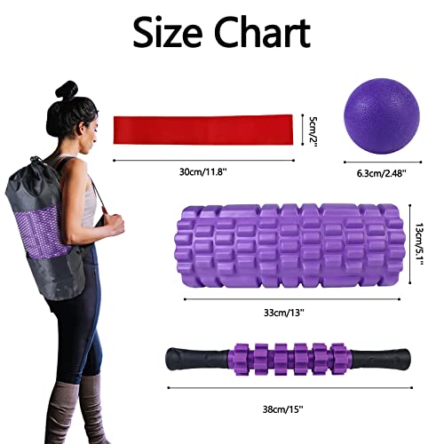 5 in 1 Foam Roller Set High Density Patented Foam Roller for Exercise | Foam Roller Massage Stick, Massage Ball, Resistance Band for Deep Muscle Massage Pilates Yoga Trigger Point Release Purple - color: Violet