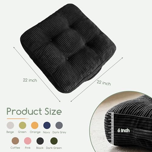 HIGOGOGO 6" Extra Thick Floor Pillow Cushion for Adults, Meditation Cushion Pillow, Large Square Floor Sitting, Tufted Corduroy Cover, for Tatami Living Room or Yoga, 22x22 Inch, Black - color: Square Black, size: 6" Thick(Pack of 1)