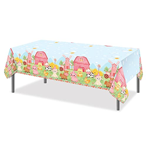 1Pc Farm Animal Party Plastic Tablecloth 54 x 87 Inch Pink Watercolor Long Rectangular Table Cover for Buffet, Cute Farm Animals Pigs Cows Party Holiday Dinner, Picnic or Tablecloth for Event - color: Farm Animal