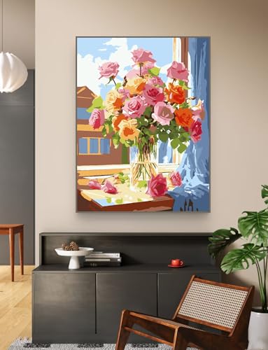 ZRIZQ Paint by Numbers Kit for Adults Beginner,Flowers 16x20 | Full set with wooden brushes,rolled canvas,rich paints.Calming activity.Beginner friendly.Just open and paint. - color: 16"X20"Rolled Canvas-Flowers 9