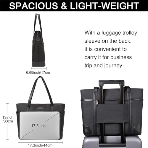 Laptop Bag for Women,ChaseChic Waterproof Classic Teacher's Tote Bag 15.6in Computer Work Bags for Women with Luggage Strap - color: Black-17.3in