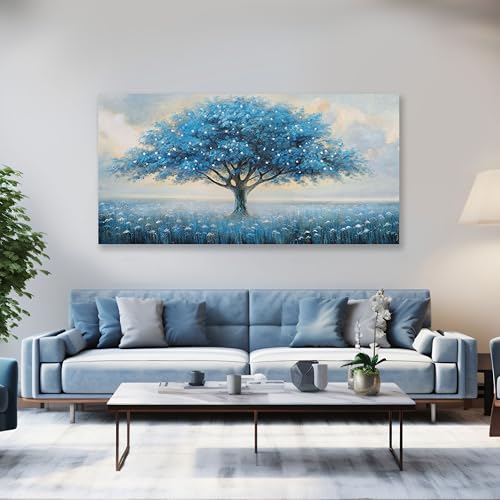 Glvzygy Blue Tree of Life Wall Art Abstract Modern Artwork Canvas Painting Textured Tree Pictures Wall Decor Home Decor Wall Ready to Hang for Bedroom Living Room Size 24"x48" - color: Blue, size: 48"L x 24"W