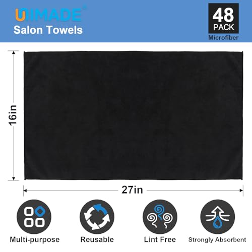UNIMADE 48 Pack Salon Towels - Highly Absorbent and Quick Drying Hand Towels, Premium Wash Cloths for Bathroom, Gym, Shower, Hotel, and Spa - 16x27 inch (Black) | Quick Drying Premium Wash Cloths for Bathroom, Gym, Shower, Hotel, and Spa - 16x27 inch (Bla