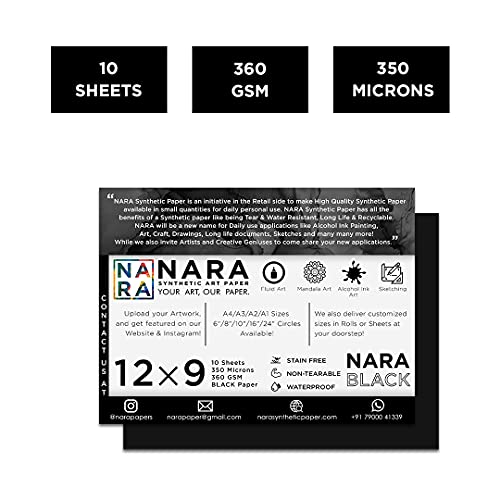 NARA Alcohol Ink Paper | Black | 12 inches x 9 inches (12”x9”) | 350 microns/360 GSM | Medium+ Paper | 10 Sheets | Paper for Alcohol Ink Art Painting | 100% Stain-Free - color: Black_Rectangle_Paper Sheets_03