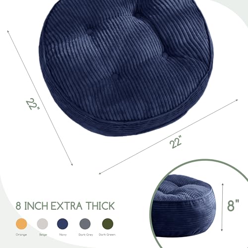 HIGOGOGO 8" Extra Thick Floor Pillow Cushion for Adults, Meditation Cushion Pillow, Large Round Floor Sitting, Tufted Corduroy Cover, for Tatami Living Room or Yoga, 22x22 Inch, Navy - color: Round Navy, size: 8" Thick(Pack of 1)