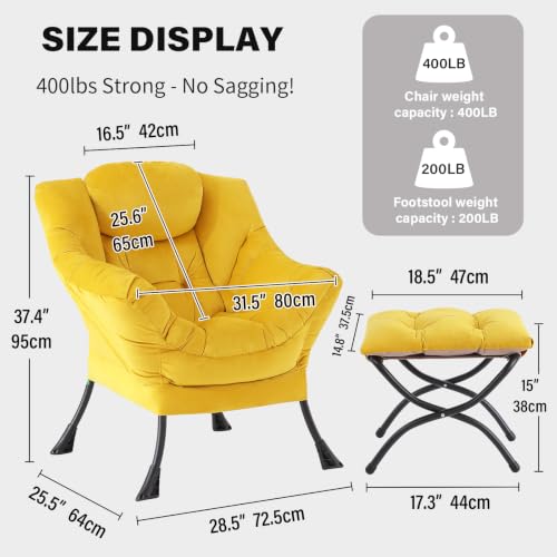 Tiita Lazy Chair with Ottoman, Comfy Reading Accent Chair, Velvet Yellow - color: Yellow