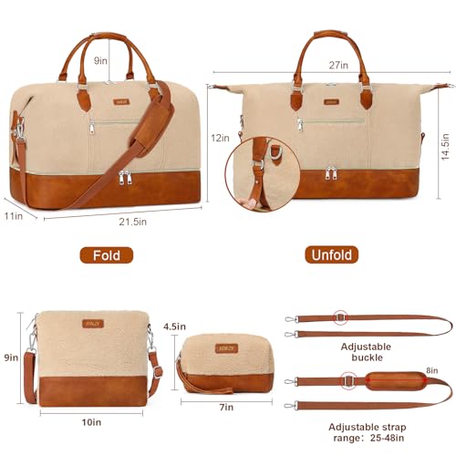 ITIEZY Weekender Bag for Women 21.5" Travel Duffel Large Carry On Bag 3PCS | Nylon Duffel Bag with Waterproof Shoe Compartment, Crossbody Bag and Toiletry Bag, Travel Weekend Hospital Overnight Gym Bag - color: 8a-Off White