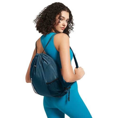 WANDF Drawstring Backpack, Gym String Bag with Shoulder Pad - color: M, Blue-green, size: Medium