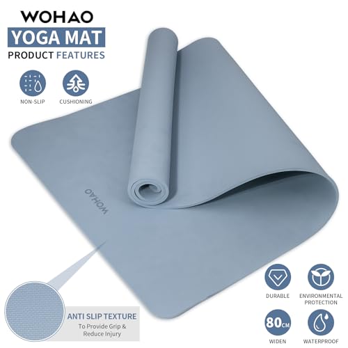 Extra Wide & Thick 8mm Yoga Mat, 72"x31.5" | Large Non Slip Exercise Mat, Premium POE Material, Superior Cushioning & Stability, With Strap for Home Gym, Pilates - color: Haze Blue