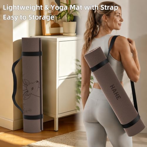 HAHE Extra Wide Yoga Mat, 75"x 32" POE Deer Print Exercise & Fitness Mat | 8mm Thick Large Yoga Mats for Men & Women, Pilates Mat for Home Workout, Non Slip Exercise Mats with Carry Strap - color: Earth Brown