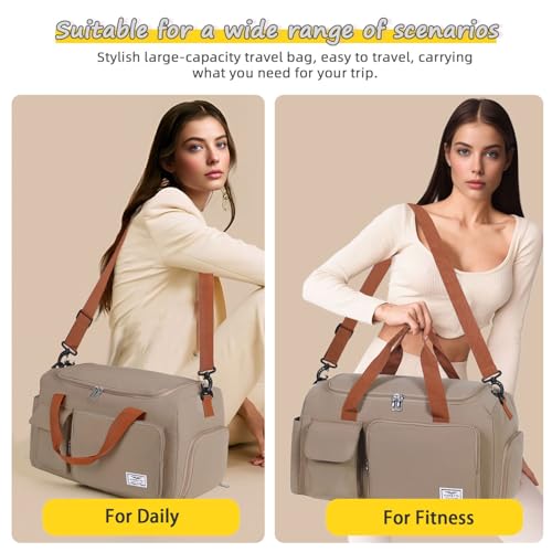 FIORETTO Women's Gym Duffle Bag with Shoes Compartment, 30L Capacity, Ideal for Travel, Gym, Sports, Duffel, Weekender - color: Khaki, style: Gym Bag With Toiletry Bag