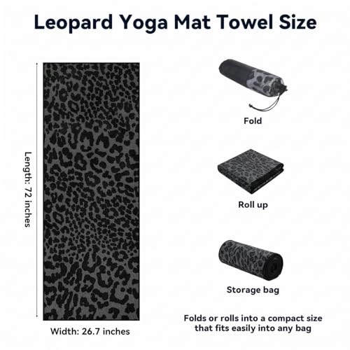 Leopard Yoga Mat Towel with Storage Bag, Non-Slip Towel 72 x 27 In (Black) | Lightweight Travel Workout Towel, Soft, Sweat Absorbent, Quick-Drying, Ideal for Hot Yoga, Home Yoga, Pilates, Gym - color: Black