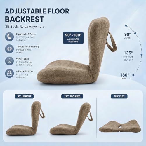 Ergonomic Back Support for Office Chair, Seat Cushion with Backrest, Adjustable Folding Floor Chair for Home, Gaming & Meditation (Brown) - color: Brown