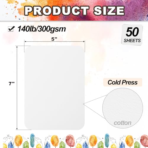 PATIKIL 50 Sheets Cotton Watercolor Paper 140lb/300 GSM Cold Press Water Coloring Paint Paper Round Corner for Art Painting Watercolor Drawing Artist, 5x7 Inch - size: 5x7 Inch