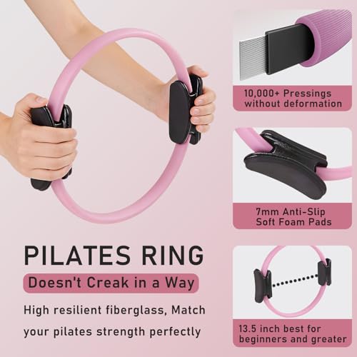 Pilates Ring Kit with Adjustable Ankle Wrist Weights, Resistance Bands, Ball, Pilates Equipment Ball for Home Workout to Tone, Sculpt and Strengthen, Fitness Magic Circle Rings for Yoga Women - color: Pink