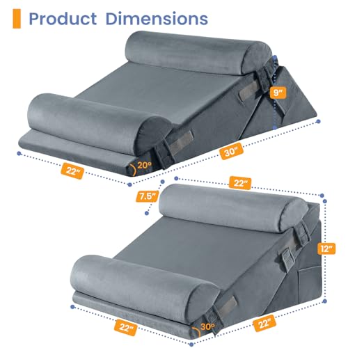Sasttie Adjustable Wedge Pillow Set for After Surgery, Velvet - Dark Grey | 2PCS Bed Wedge Pillow Headboard with Memory Foam Neck Cushion, for Acid Reflux, Sleeping, Neck & Back Support - color: Velvet - Dark Grey, size: Adjustable 9&12 Inch + 2 Head Pill