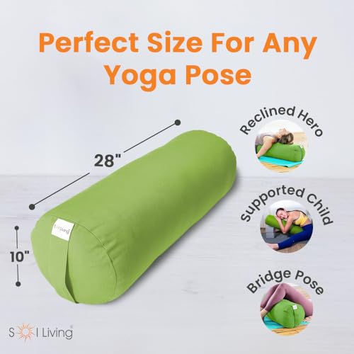 Sol Living Yoga Bolster Pillow for Restorative Yoga, 100% Cotton Meditation Cushion, Extra Firm Support Bolster for Yoga Body Pillow with Removable Washable Cover and Carry Handle
