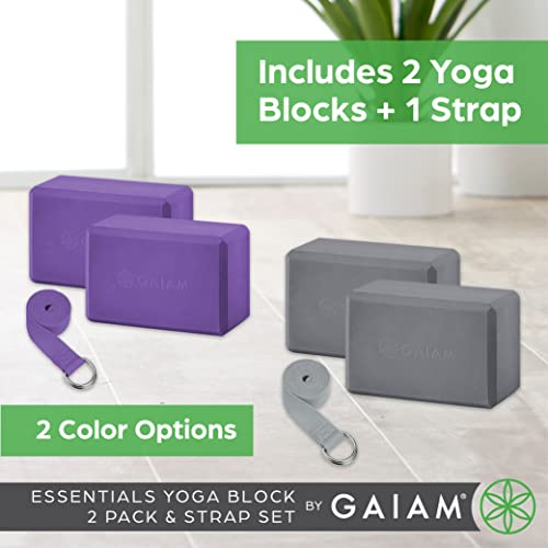 Gaiam Yoga Block - Supportive Latex-Free Eva Foam - Soft Non-Slip Surface with Beveled Edges for Yoga, Pilates, Meditation - color: Grey, style: 2 Blocks W/Strap