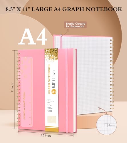 Graph Paper Notebook, Spiral Notebook Journal 8.5” x 11”, A4 Large Grid Notebooks for Women Men, 100 GSM Graph Paper, Plastic Hardcover Spiral Graphing Journals for Work School Engineering, Pink - color: Pink, size: Graph