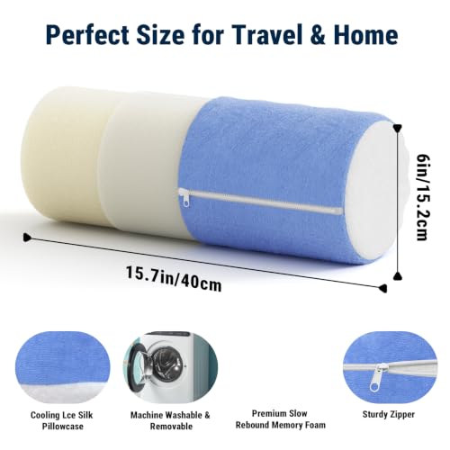 Neck Roll Cervical Pillow for Neck Pain Relief - Memory Foam Neck Pillow for Bed, Round Neck Pillows for Sleeping, 15.7 * 6 * 6inch (Blue-White) - color: Blue White, size: Large - 6.0" H