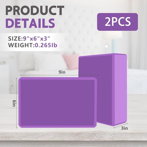 9"x6"x3" Yoga Blocks, Soft Non-Slip Surface Premium Foam Blocks, Supportive, Lightweight, Odor Resistant, Yoga Accessories for Pilates Meditation General Fitness Stretching Toning - color: Purple-2 Pack