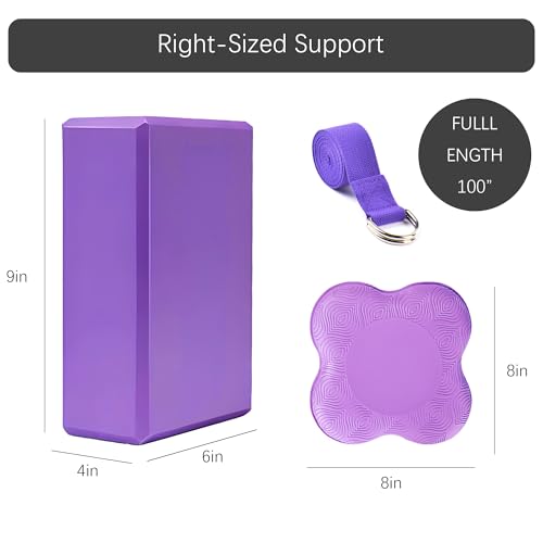 2 Yoga Blocks Supportive Accessories including 2 Knee Pads, 2 With Strap To Put Less Weight On Wrists, 1 Muscle Massage Roller, 2 Pair of Non-Slip Pilates Socks, 1 GYM Bag, Durable Versatile Yoga Brick Exercise Set of 10 - color: Purple