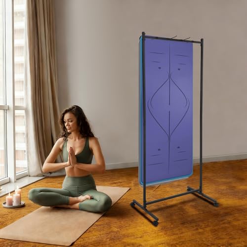 Hanging Yoga Mat Holder, Metal Rolling Yoga Mat cart, Double-Sided Storage Rack with wheels, Floor Standing Square Tube Storage Shelf for Home Gym, Fitness Club,Yoga Studio (Black)
